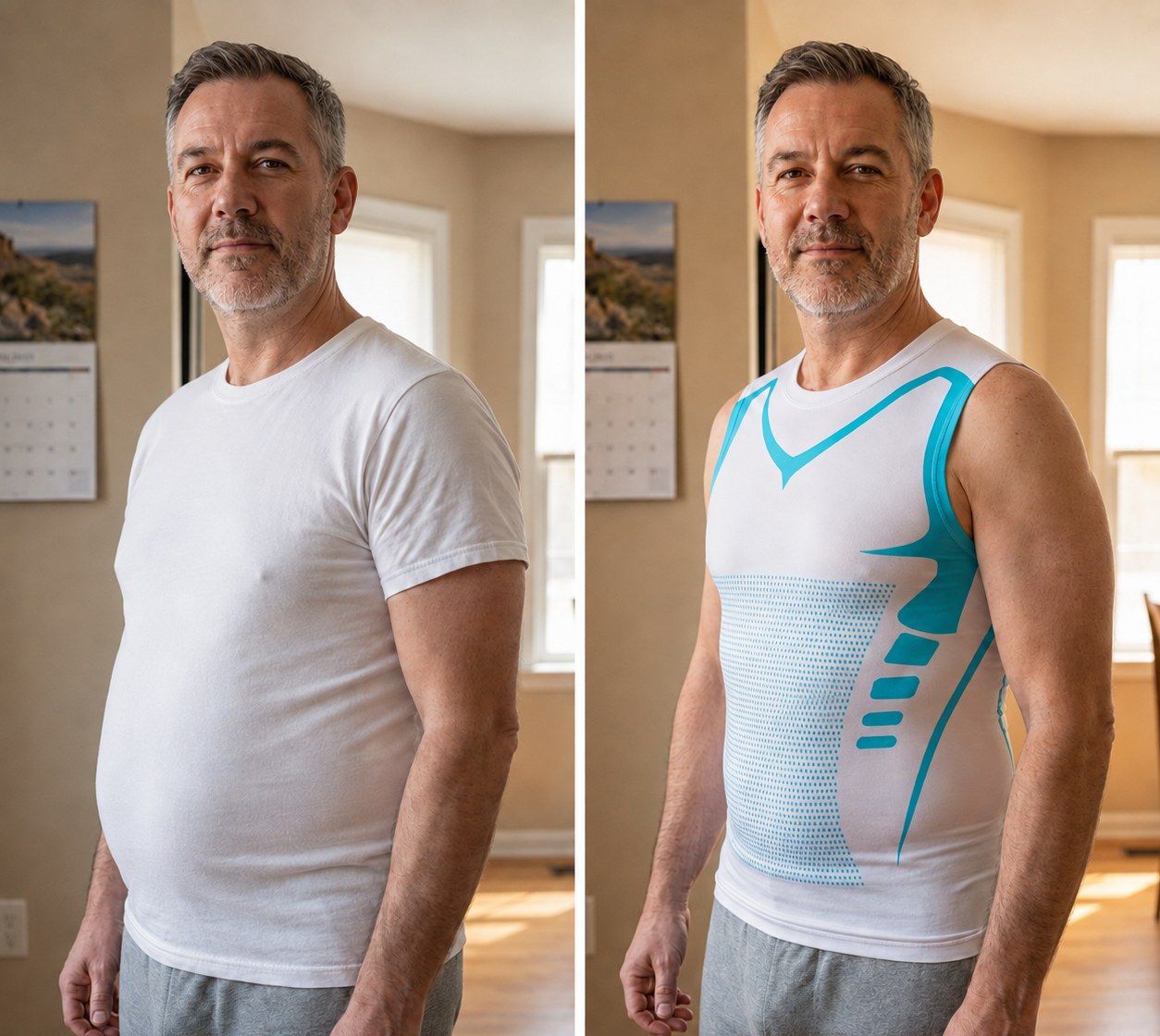 Le même homme : t-shirt large à gauche, FormVest à droite
